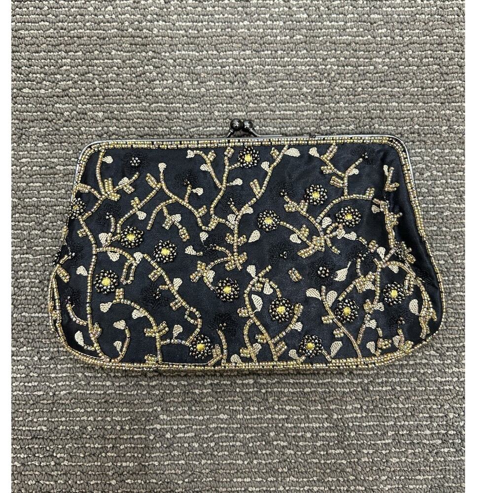 Lancôme Black Floral Beaded Embroidered Kiss Lock Clutch Vintage Purse